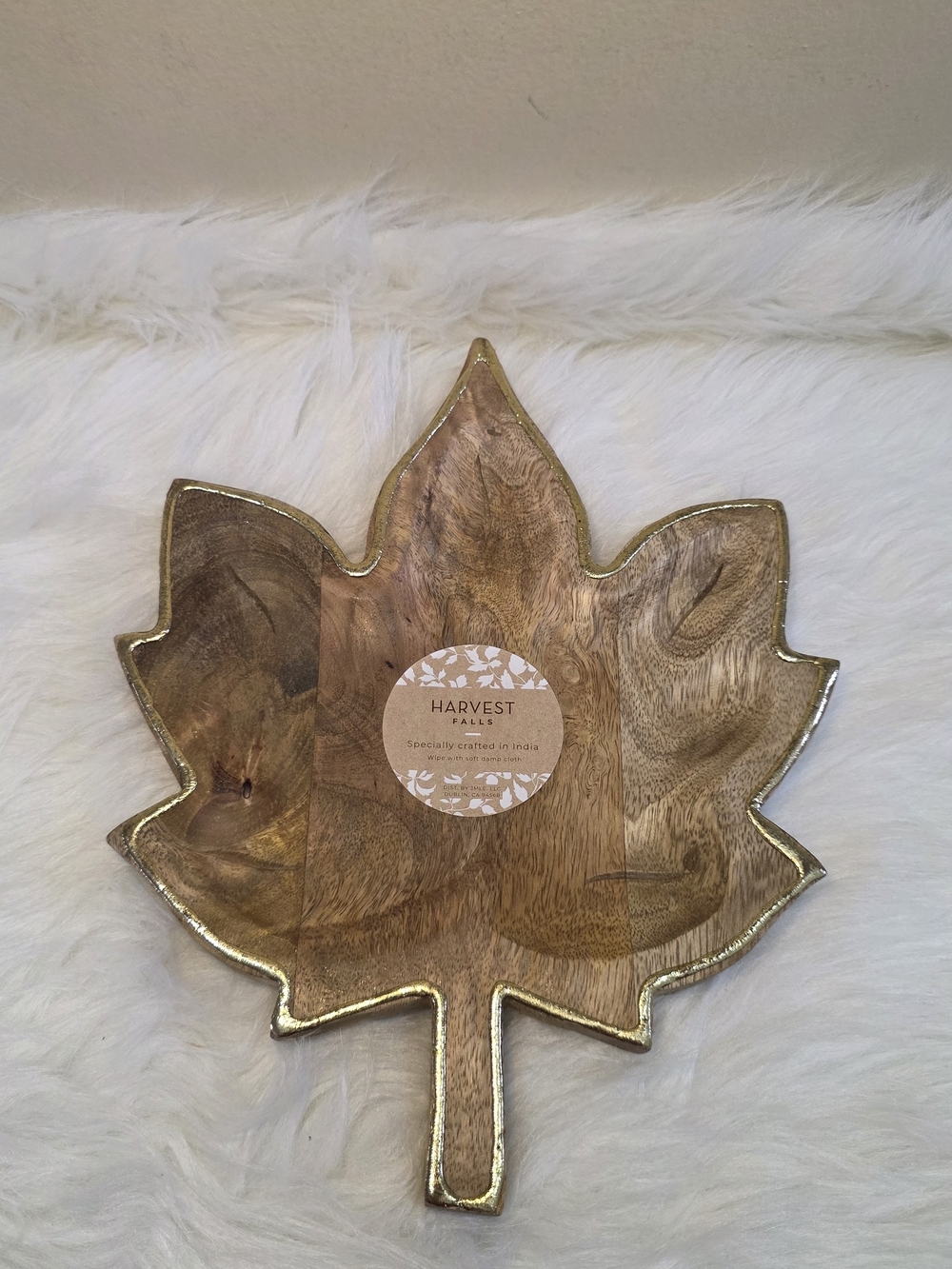 Harvest Falls Wooden Maple Leaf Decorative Tray in Natural Wood with Gold Trim